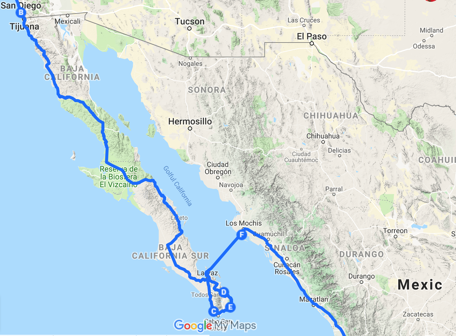 Our route, Baja California, Mexico