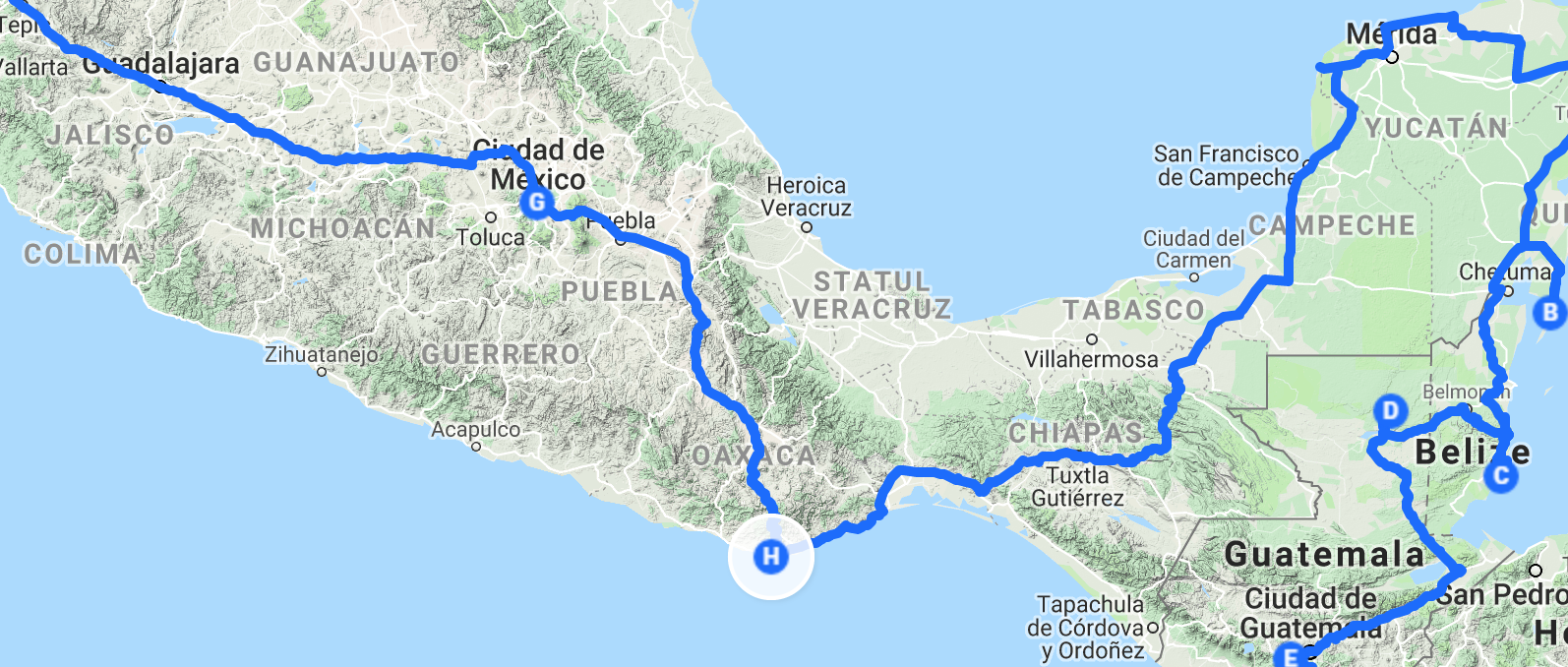 Our route in Chiapas, Mexico 