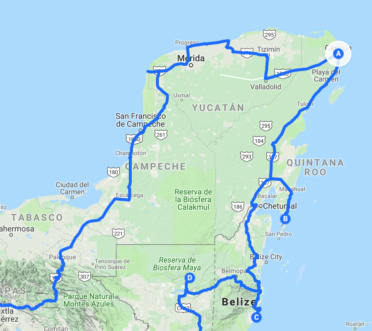Our route in Yucatan state, Mexico