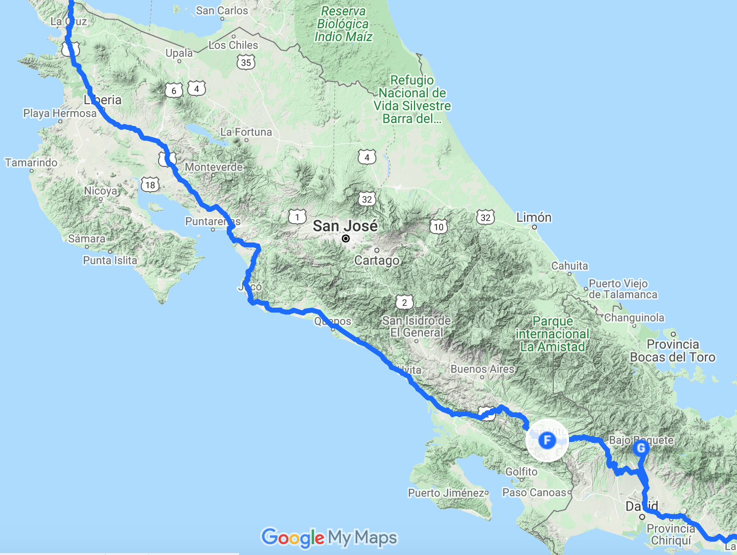 The route in Costa Rica