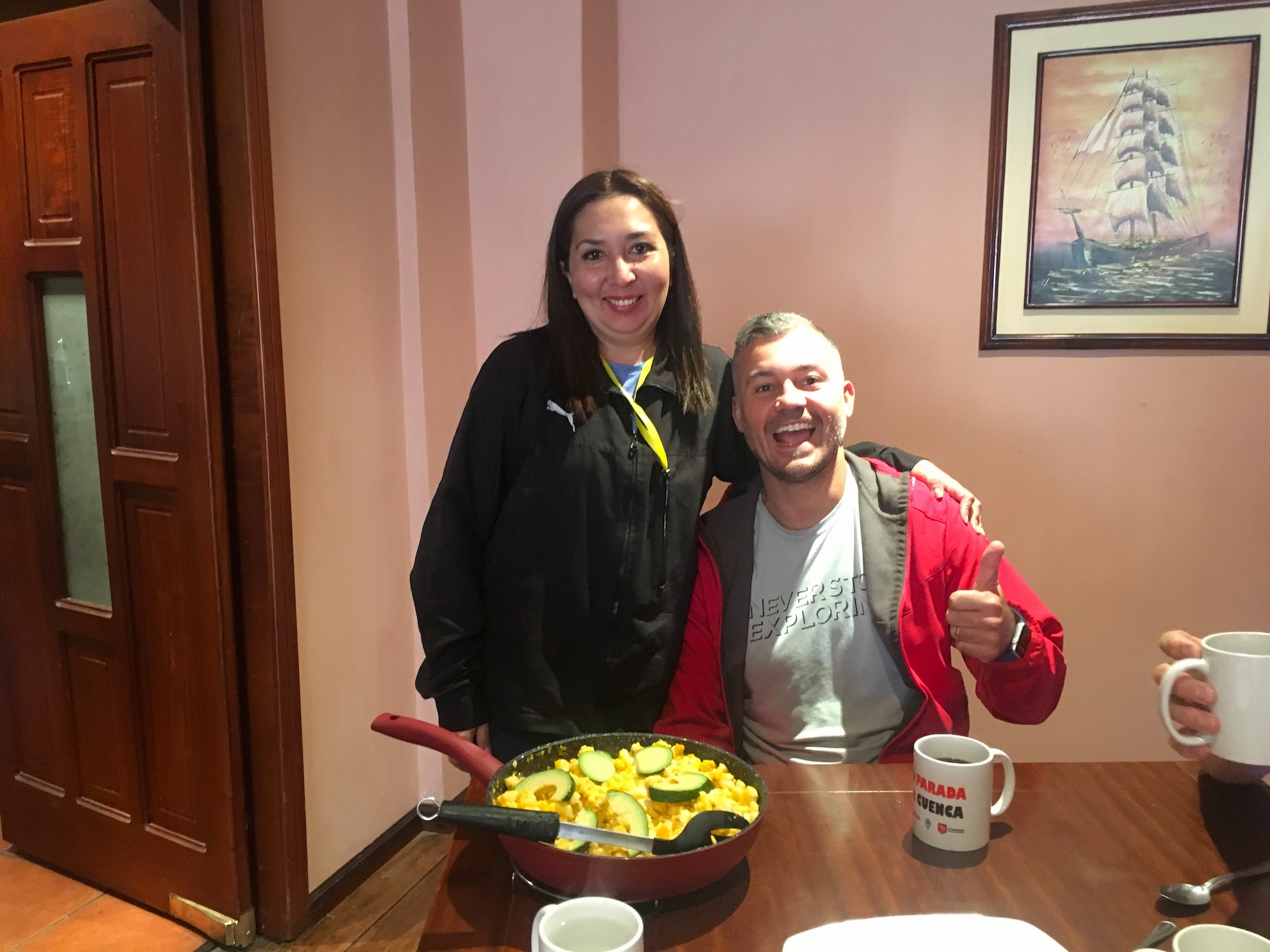 JP happy that Miriam prepared her traditional breakfast for us at " Tu Prada en Cuenca" guesthouse