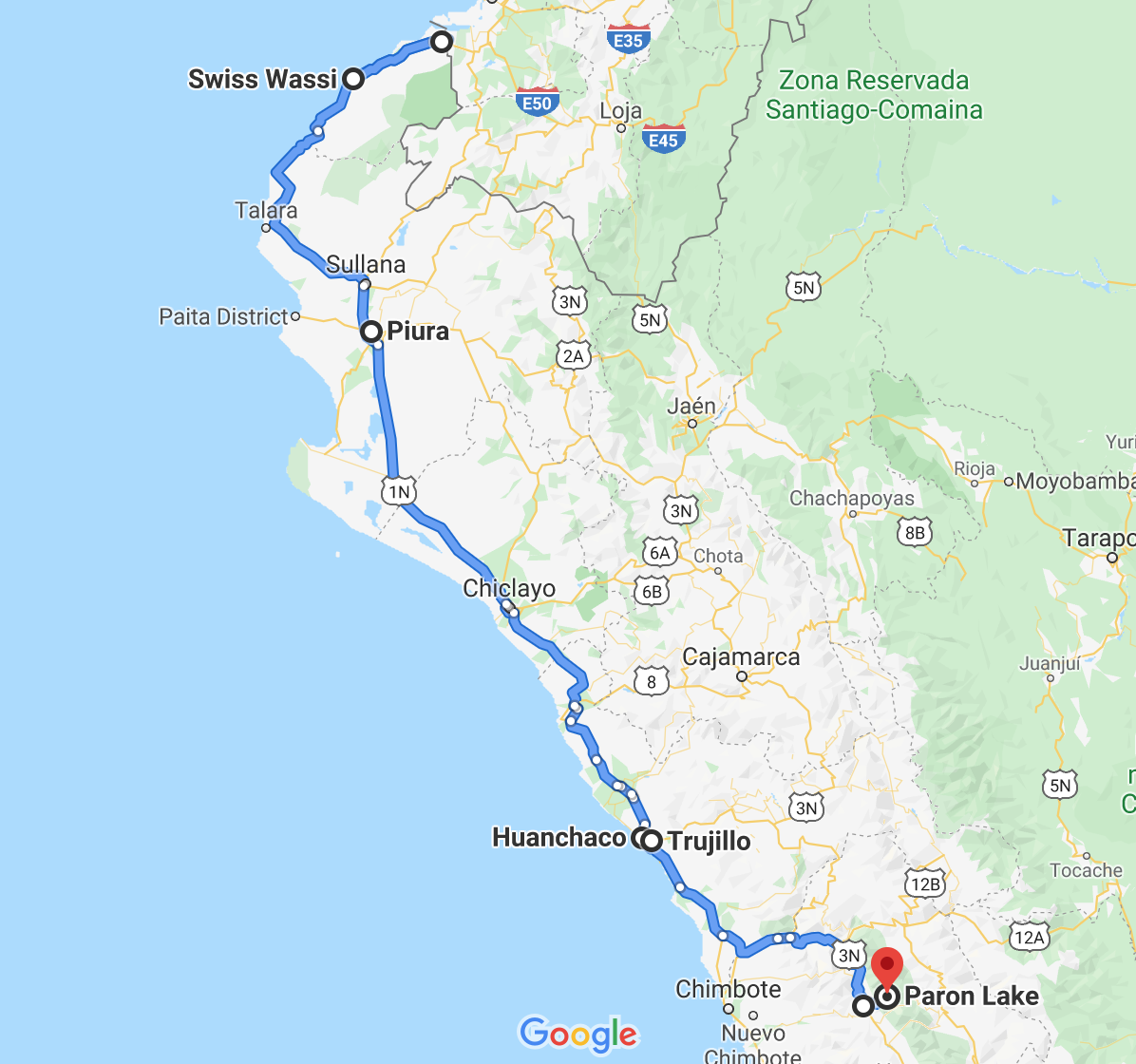 The route from the border of Peru to Laguna Parón