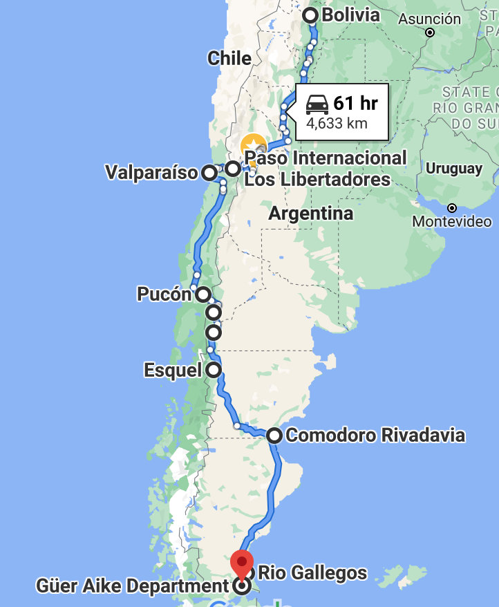 The route through Argentina and Chile including Route 40