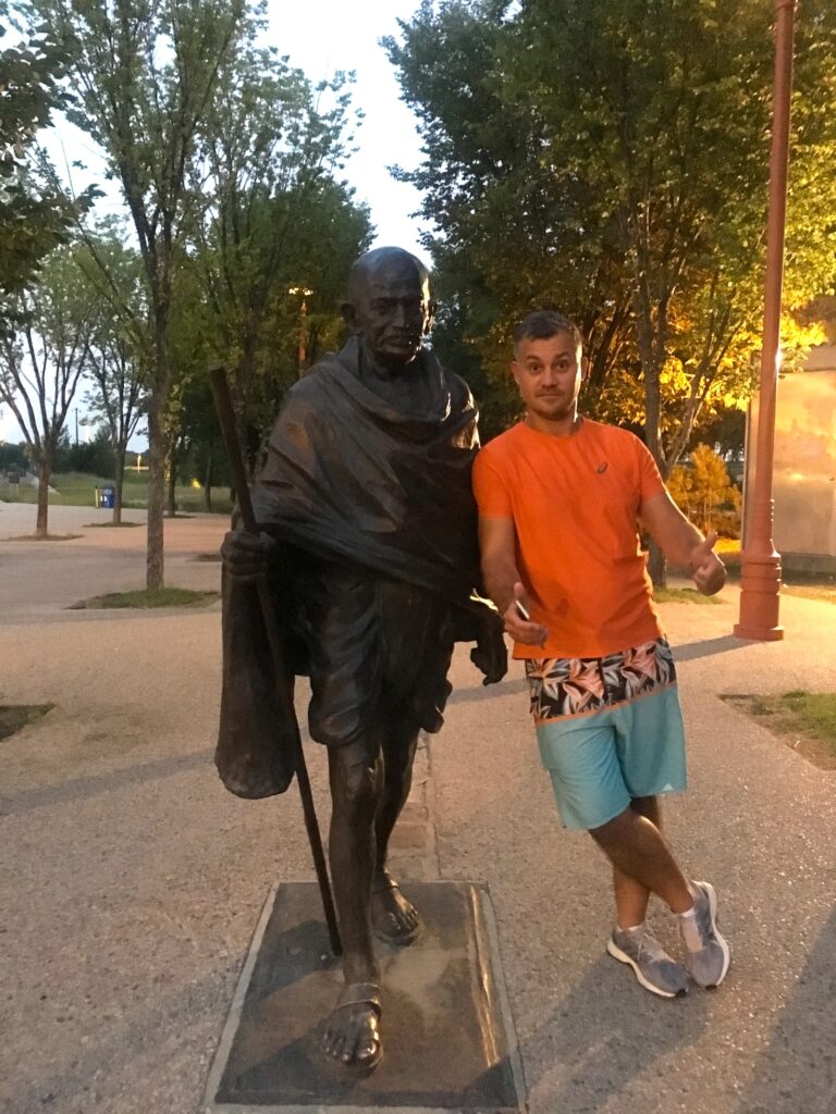 The statue of Mahatma Gandhi in front of the Human Rights Museum, Winnipeg